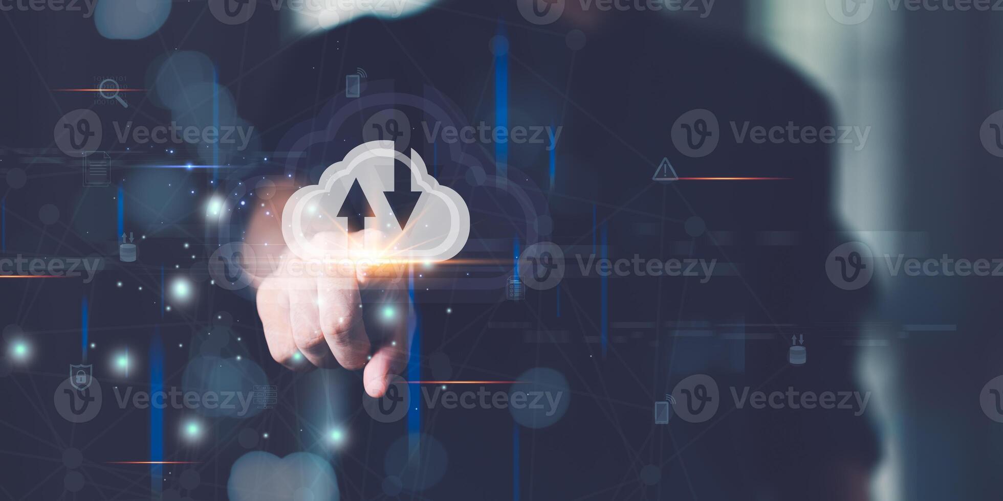 nube informática apoyo tecnología concepto ,acceso a servidor comunicación servicios ,base de datos conexión con moderno hardware y software ,interfaz para subiendo y descargando datos foto