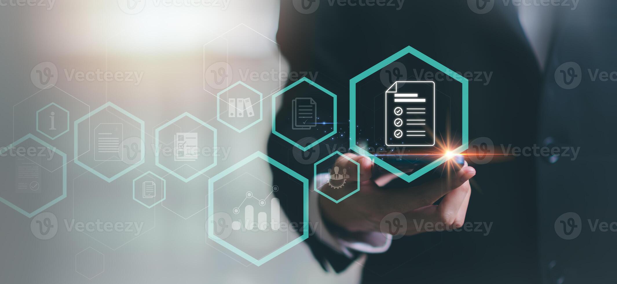 Accountant showing office document auditing concept ,checkboxes Concepts of practices and policies ,company articles of association Terms and Conditions,plan review process and assess correctness photo