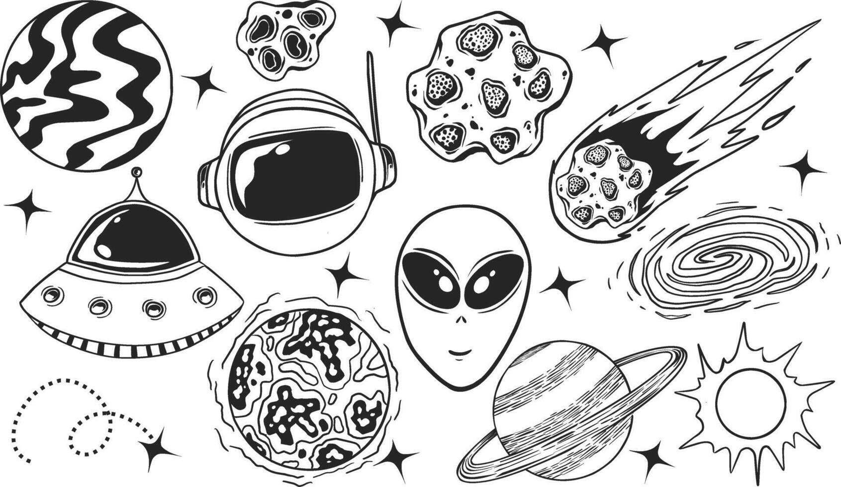 Space hand drawn cartoon doodle illustration. Planet, astronaut, meteor, sky, galaxy, alien. vector