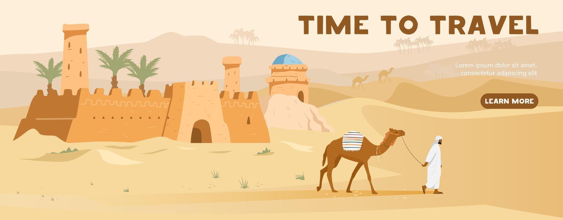 Time to travel horizontal banner with ancient arabian castle, beduin with camel and desert landscape at the background. vector