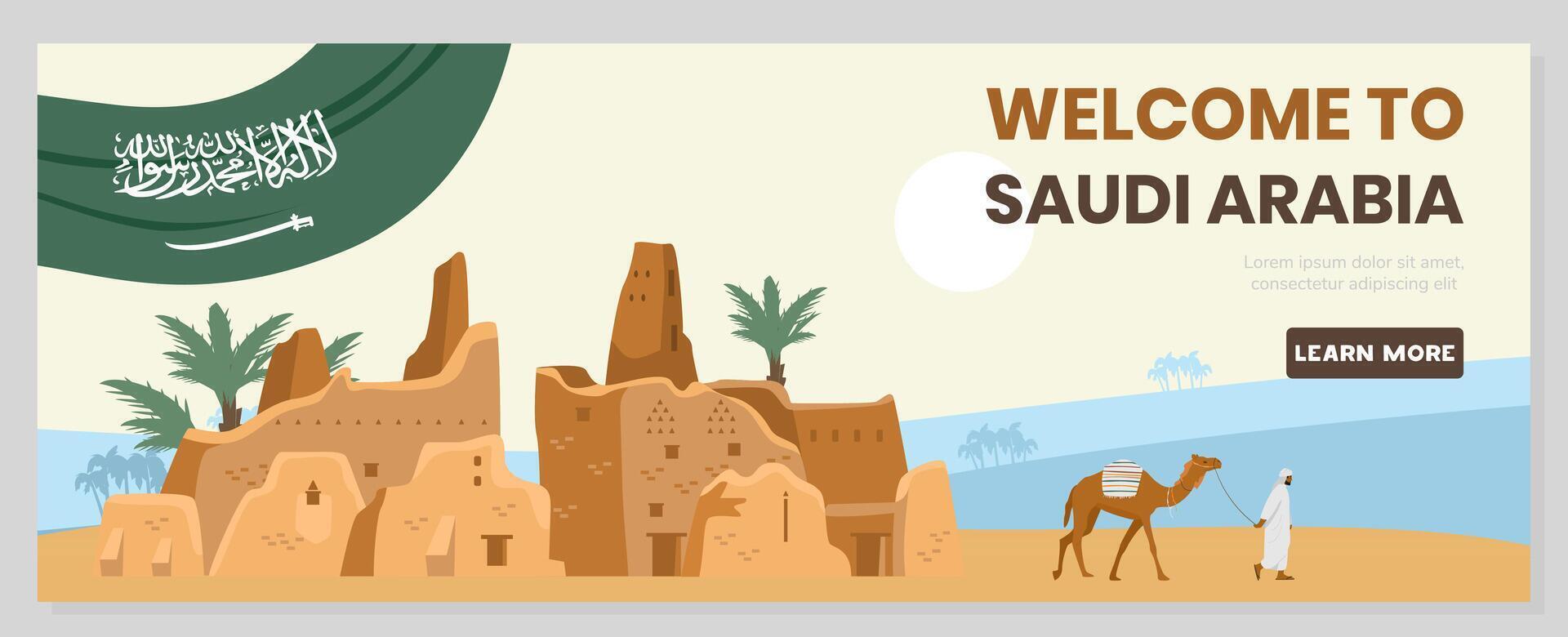 Welcome to Saudi Arabia horizontal banner with ancient tombs and buildings, and desert landscape at the background. vector