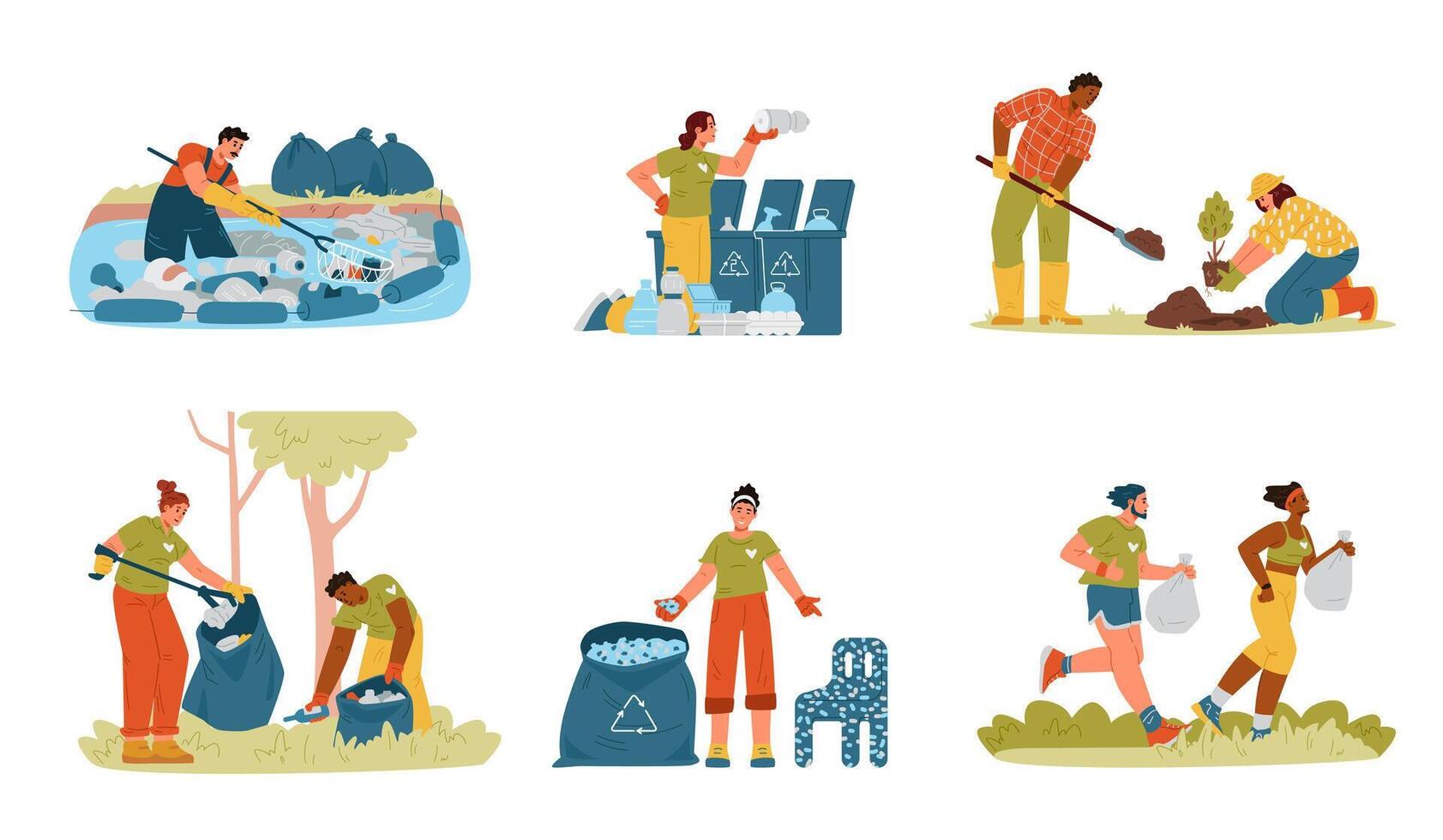 Eco volunteers flat illustrations set isolated on white. People cleaning rivers and forests, planting trees, sorting garbage, making furniture from recycled plastic, plogging. vector
