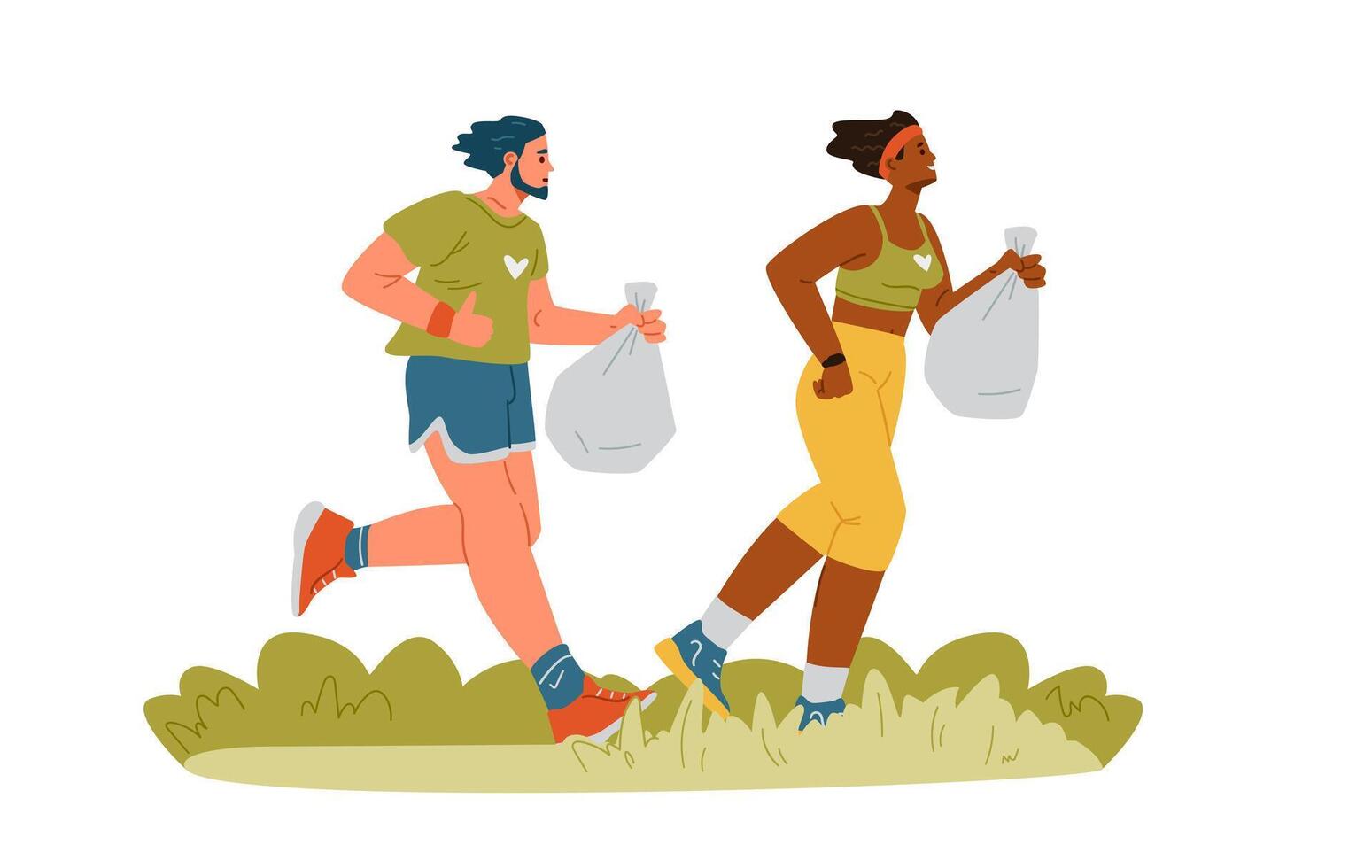 Plogging concept. Man and a woman running and collecting garbage flat illustration isolated on white. vector