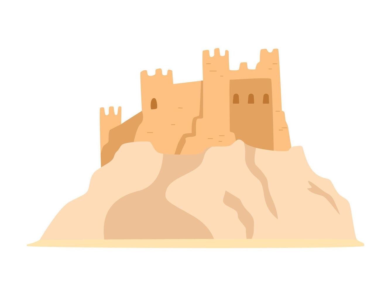 Mudbrick ancient castle on the sand rock flat illustration isolated on white. vector