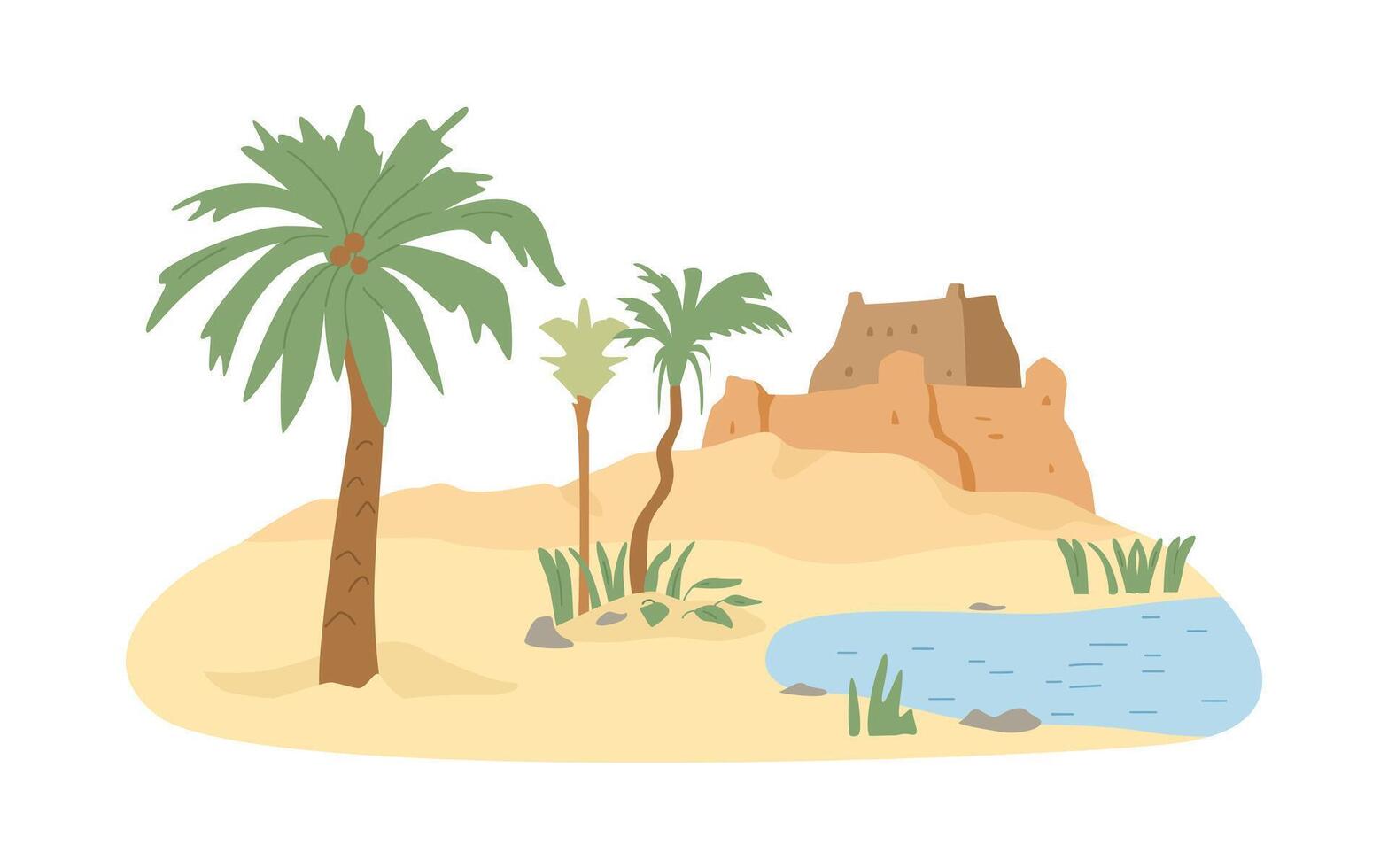 Oasis in desert and ancient castle flat illustration. Desert scenery with palms and arabian buildings. vector