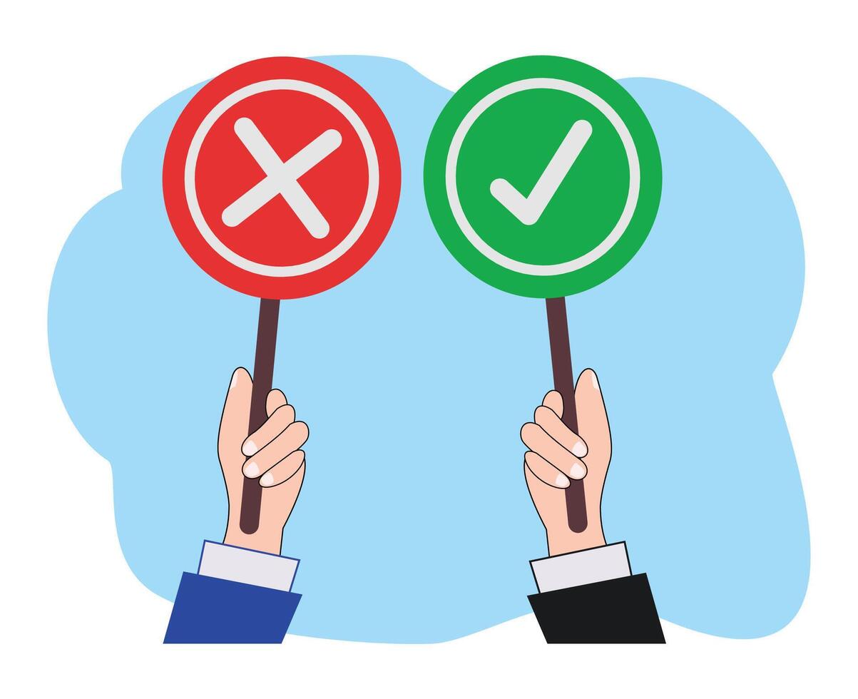 hands holding cross checkmark wrong and right symbol or vote and polling illustration vector