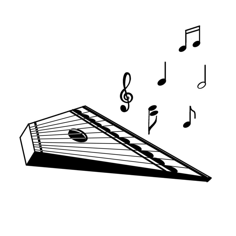 Gusli and notes, melody, folk musical instrument. illustration. All objects are hand-drawn in black in . Suitable for printing on invitations, posters, tickets vector