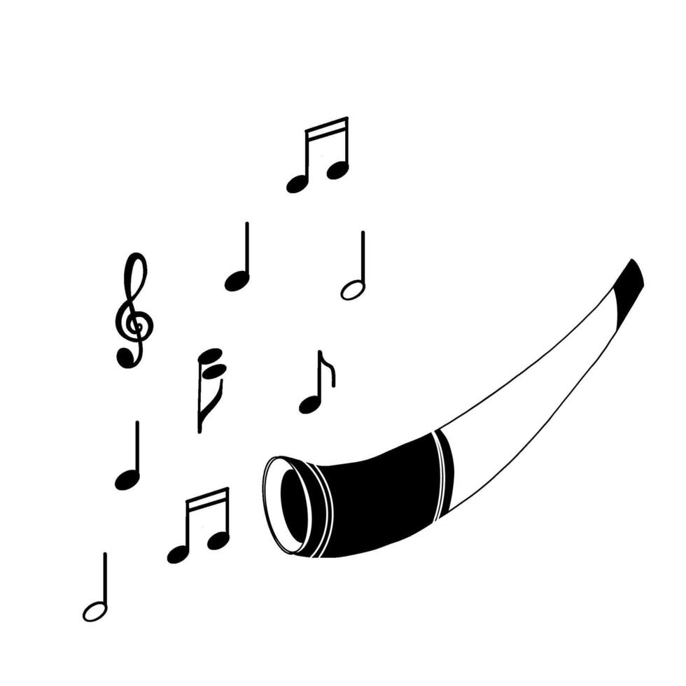 A horn that makes a melody. Russian wind folk instrument, horn, bugle, hand drawn in on a white background. Suitable for printing on fabric, posters, cards, invitations vector