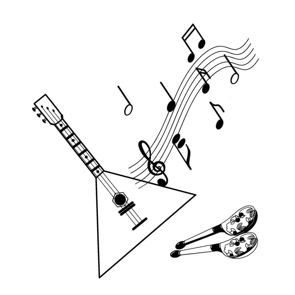 Balalaika, melody, notes, wooden spoons. Russian folk musical instruments, hand drawn in on a white background. Suitable for printing on fabric, posters, cards, invitations vector