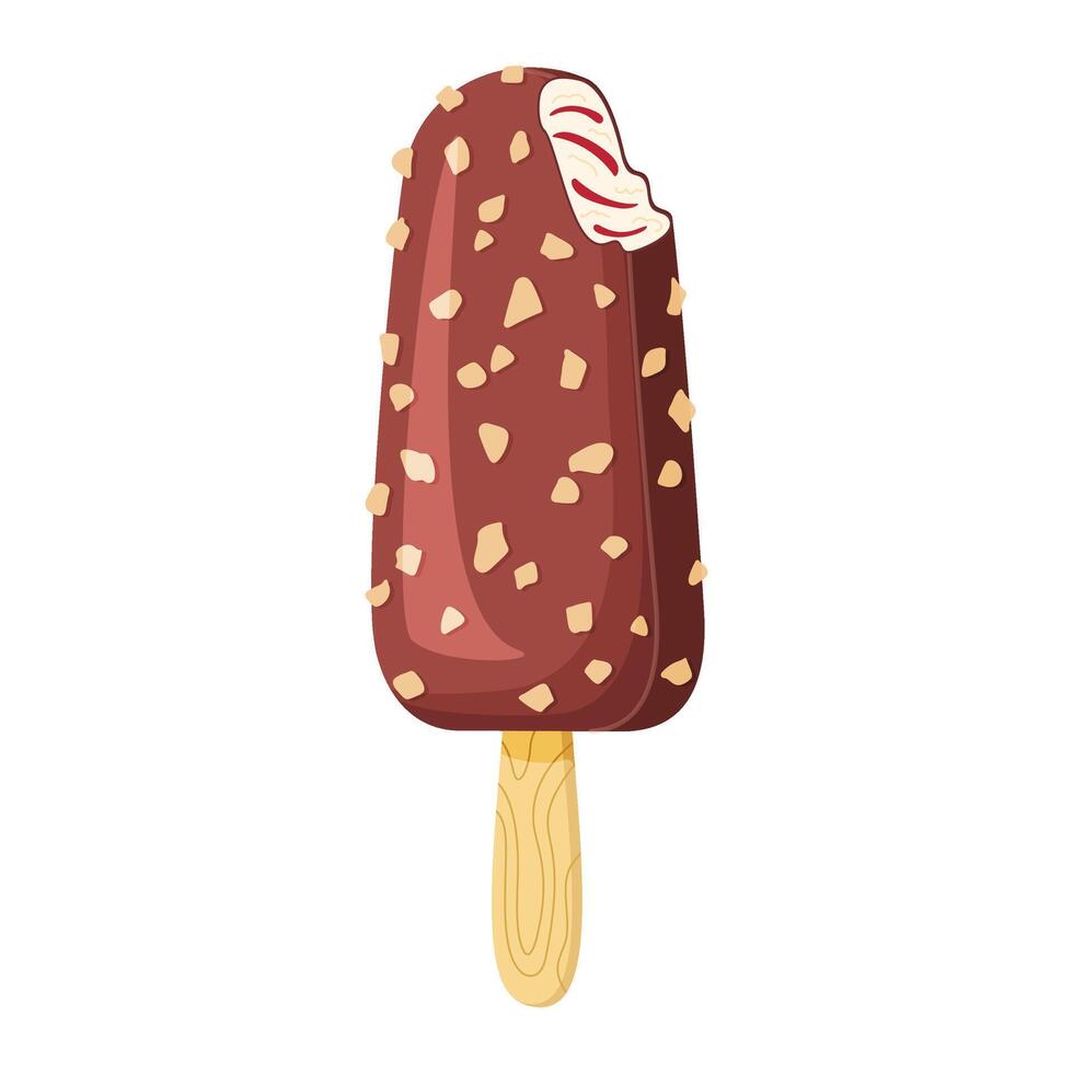 Bitten Chocolate with nuts ice cream on a stick. Delicious dessert Cool refreshing dessert. Hand drawn flat style isolated summery appearance, whipped frozen chocolate cream illustration vector