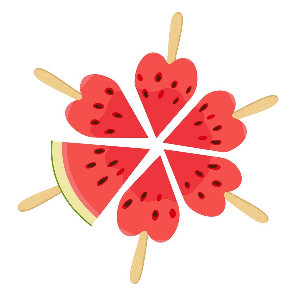 Ripe red cut segmented watermelon on wooden stick. top view, heart-shaped pieces Hand drawn flat style organic natural dessert, healthy sweet red juicy Sliced melon summer fruit illustration vector
