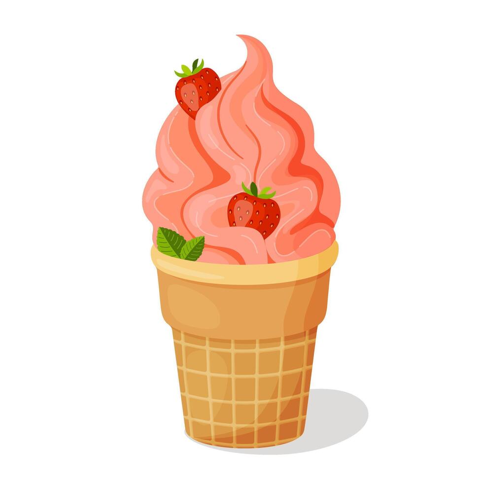 Strawberry ice cream in waffle cup. Ripe berry and mint leaves Cool refreshing dessert Hand drawn flat style isolated cheerful and summery appearance illustration vector