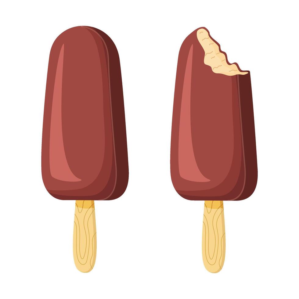 Whole and bitten Chocolate ice cream on a stick. Delicious dessert Cool refreshing dessert. Hand drawn flat style cheerful and summery appearance, whipped frozen chocolate cream illustration vector