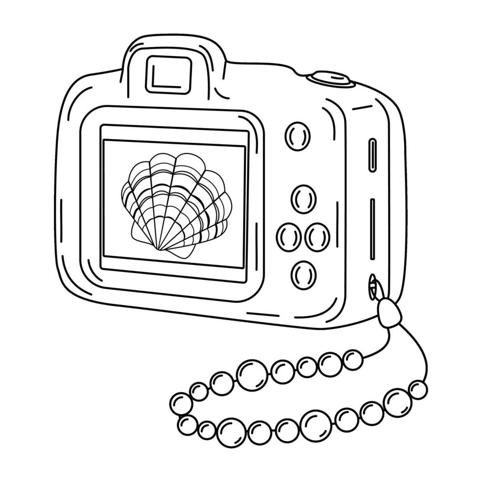 Digital photo camera line art. Photography camera Hand drawn doodle style coloring page. Vintage camera device. Flash and lens visible illustration vector