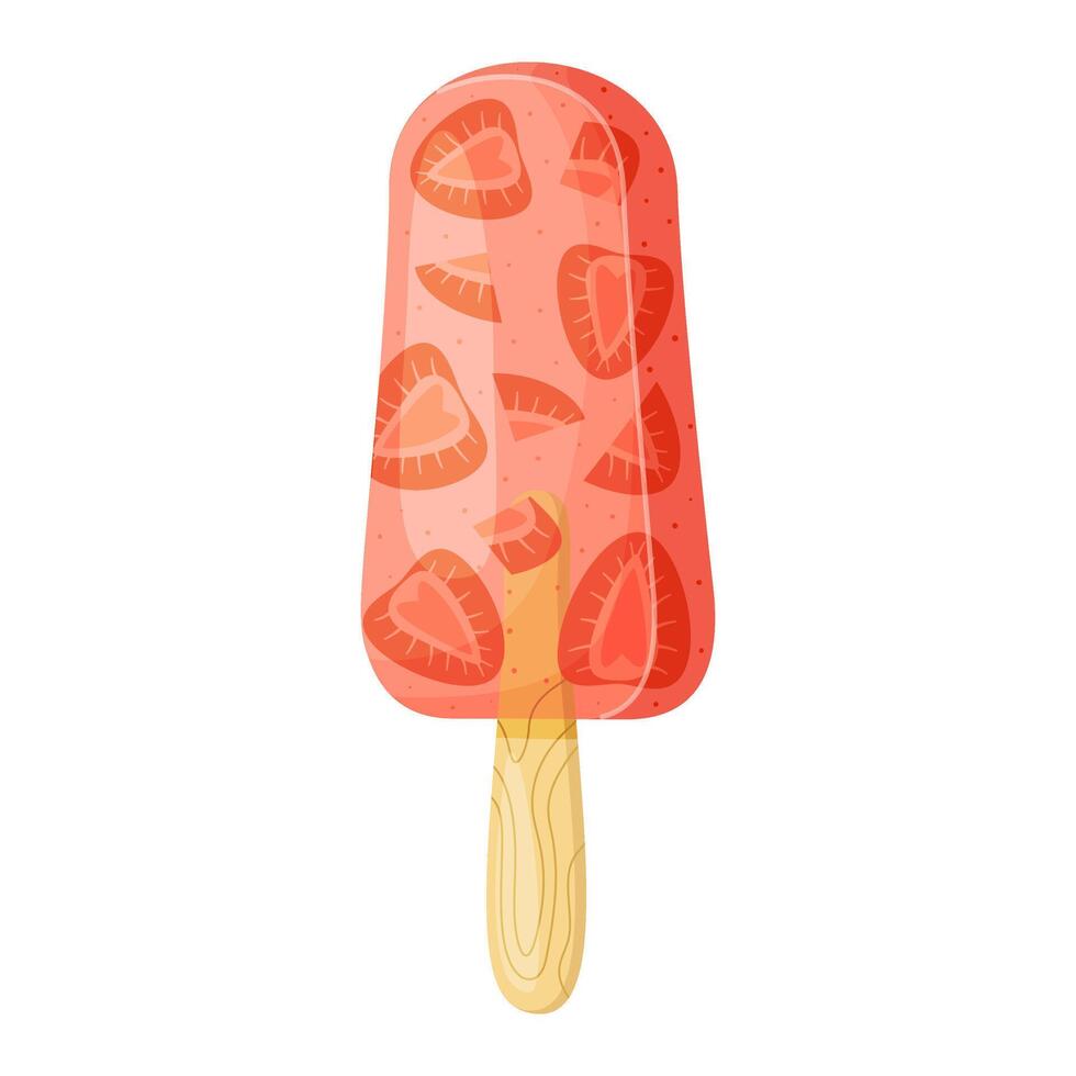 Strawberry ice cream on stick Colorful cold summer dessert, Frozen juice with berry pieces Strawberry popsicle Hand drawn flat style isolated cheerful and summery appearance illustration vector