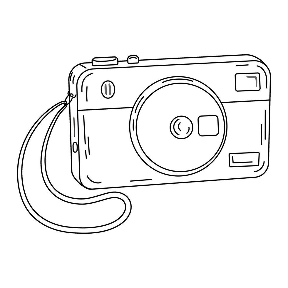 Digital photo camera line art. Photography camera Hand drawn doodle style coloring page. Vintage camera device. Flash and lens visible illustration vector