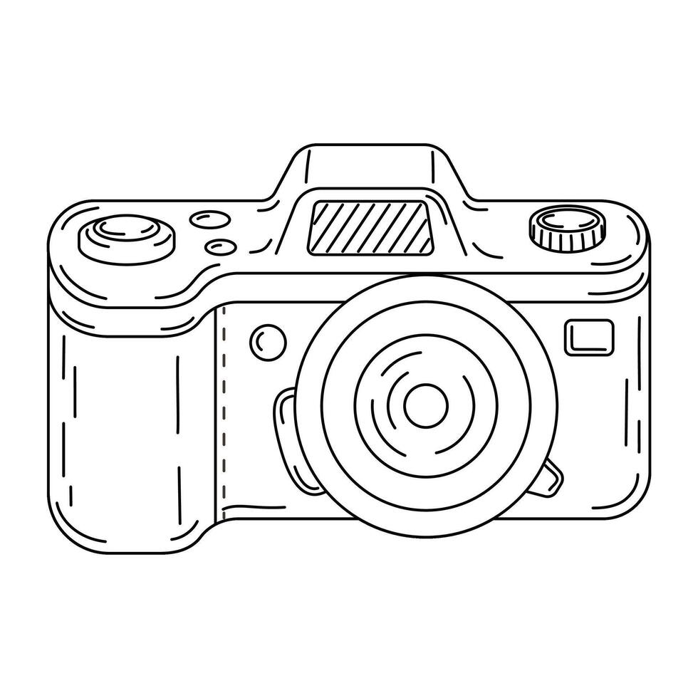 Digital photo camera line art. Photography camera Hand drawn doodle style coloring page. Vintage camera device. Flash and lens visible illustration vector