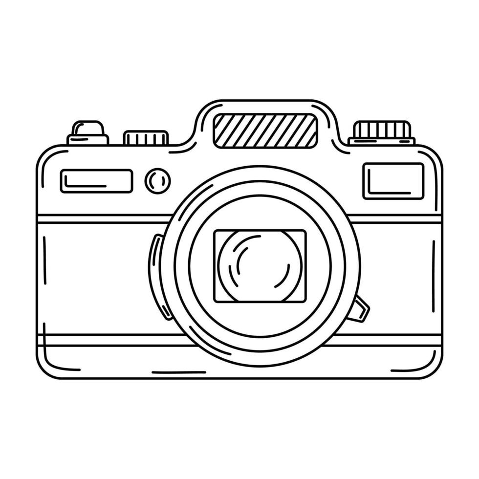 Digital photo camera line art. Photography camera Hand drawn doodle style coloring page. Vintage camera device. Flash and lens visible illustration vector