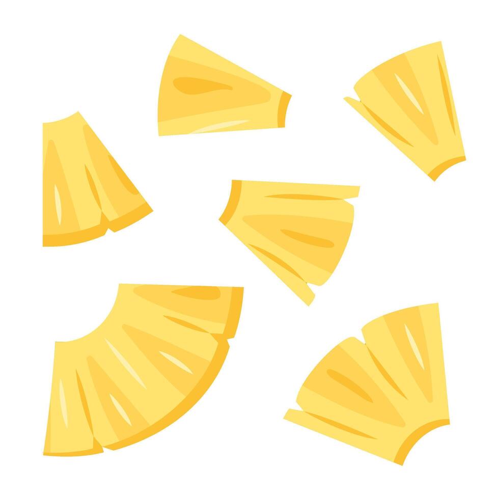 Fresh yellow Pineapple chunks, pieces slice icon set. Healthy vegetarian snack, cut Pineapple for design. Sliced on pieces ananas. Hand drawn trendy flat style isolated illustration vector