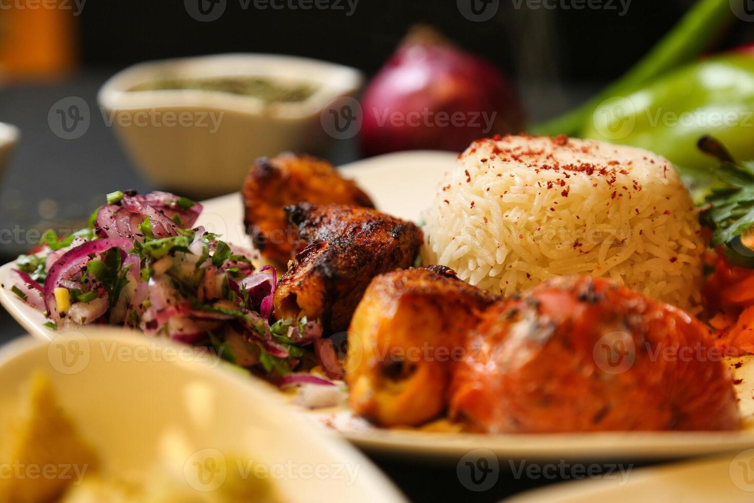 Grilled Chicken Skewers With Rice and Salad photo