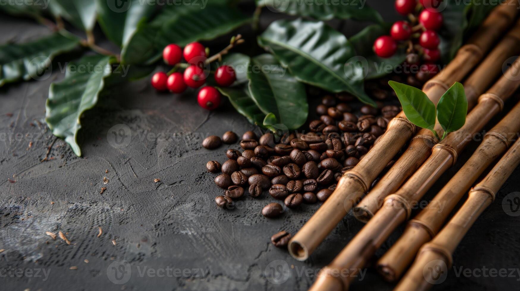 Coffee beans, green leaves, and bamboo sticks on a dark background photo