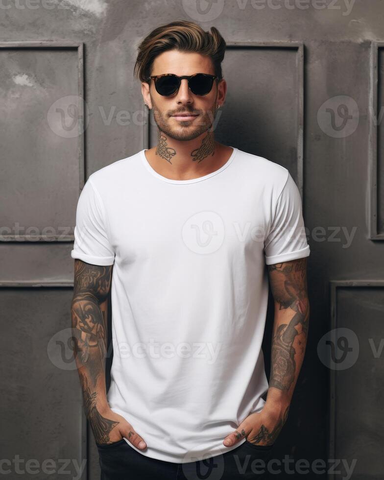 A handsome man in a white t-shirt stands confidently in front of a wall photo