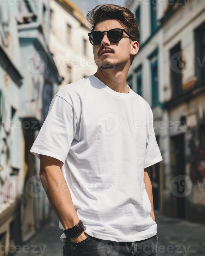 Dark-haired man in sunglasses and white shirt stands confidently in city alley photo