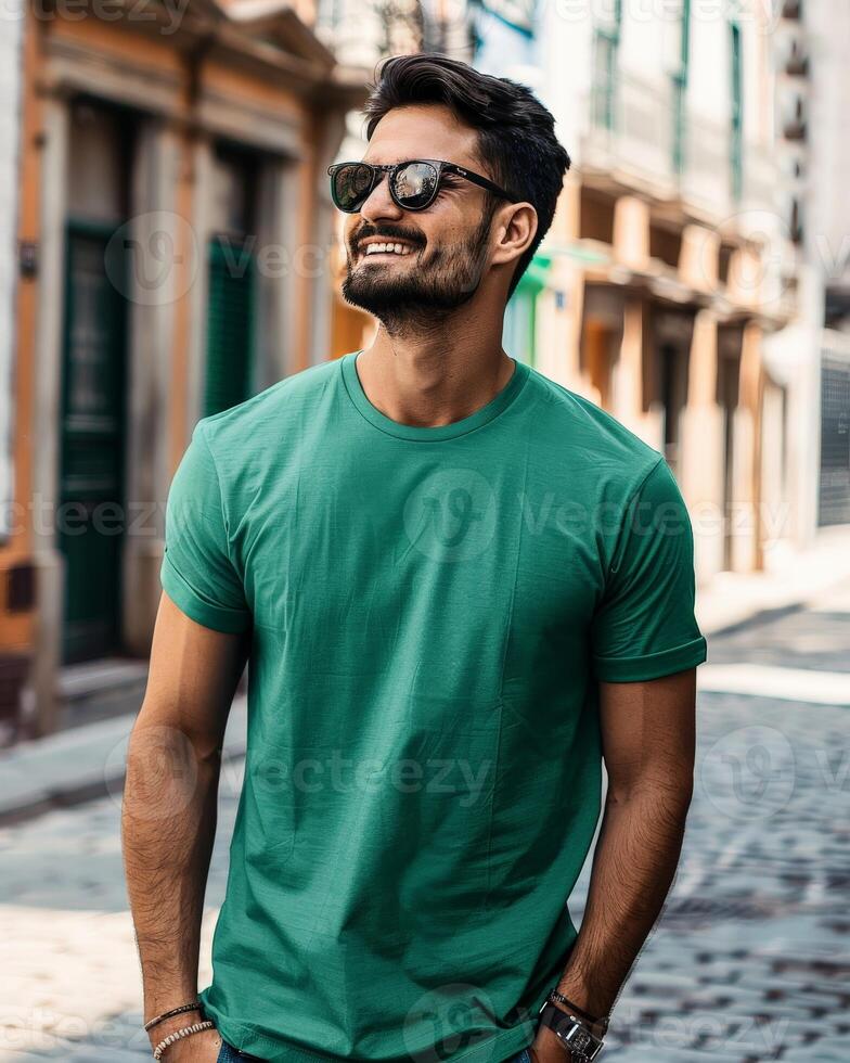 A man wearing a green t-shirt smiles while walking in a city photo