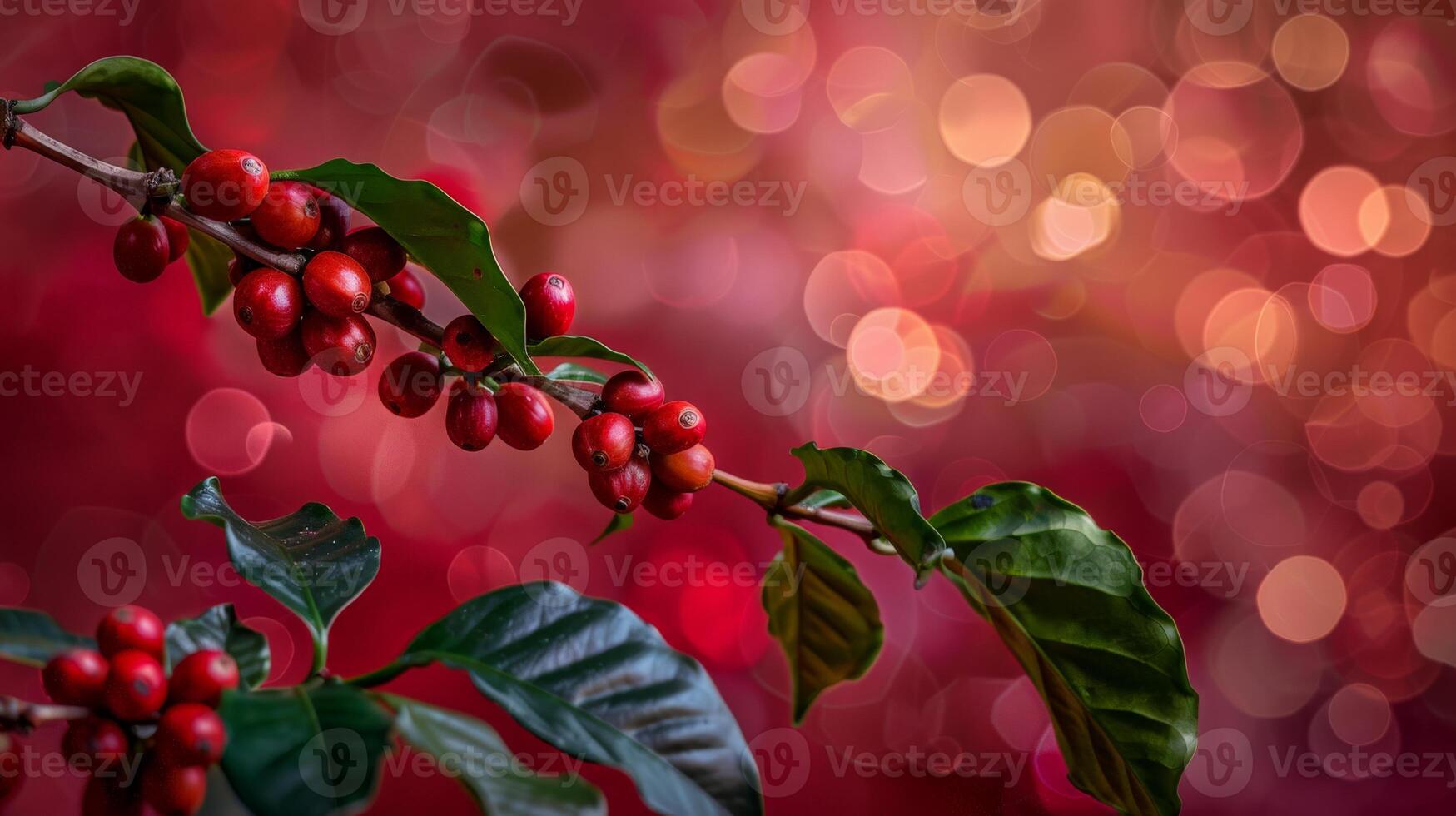 A close-up of a coffee branch with ripe red berries against a red bokeh background photo