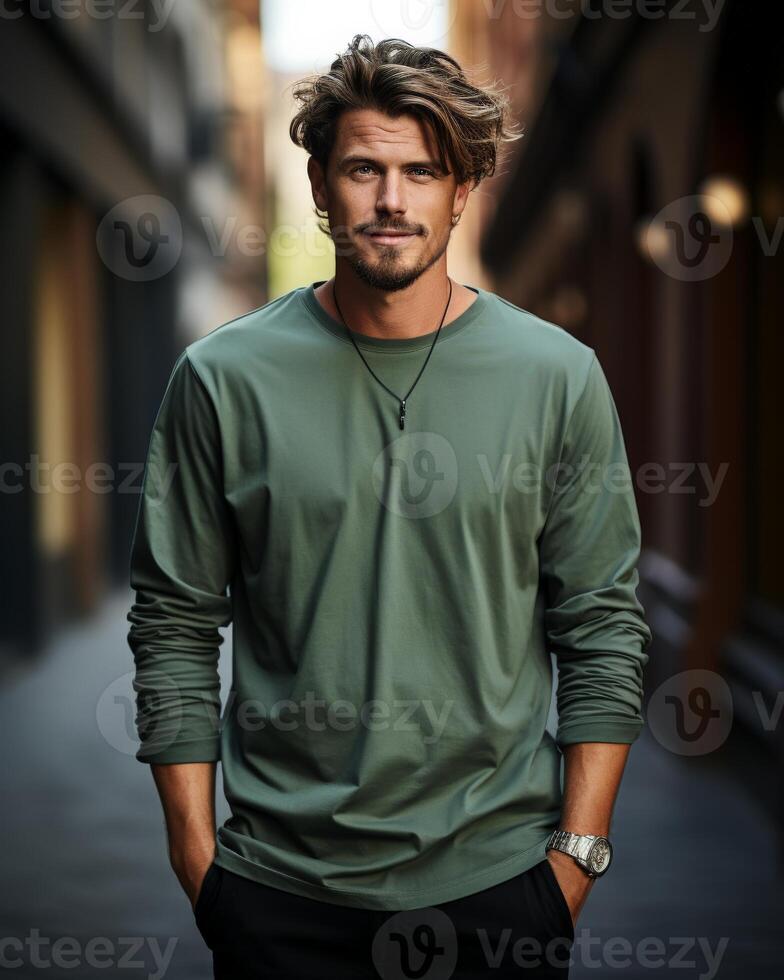 A young man poses in a green long-sleeved t-shirt on a city street photo