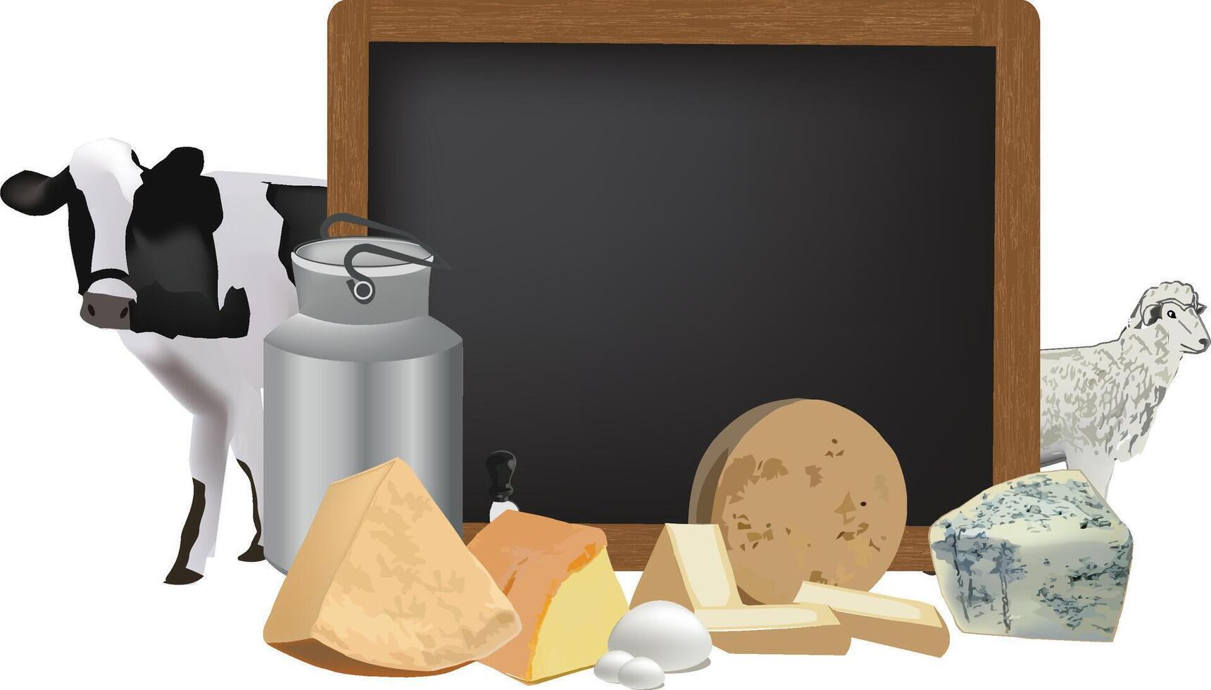 blackboard surrounded by various cheeses vector