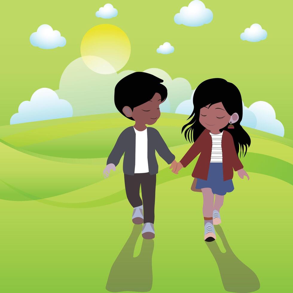 A cartoon of a couple holding hands and walking vector