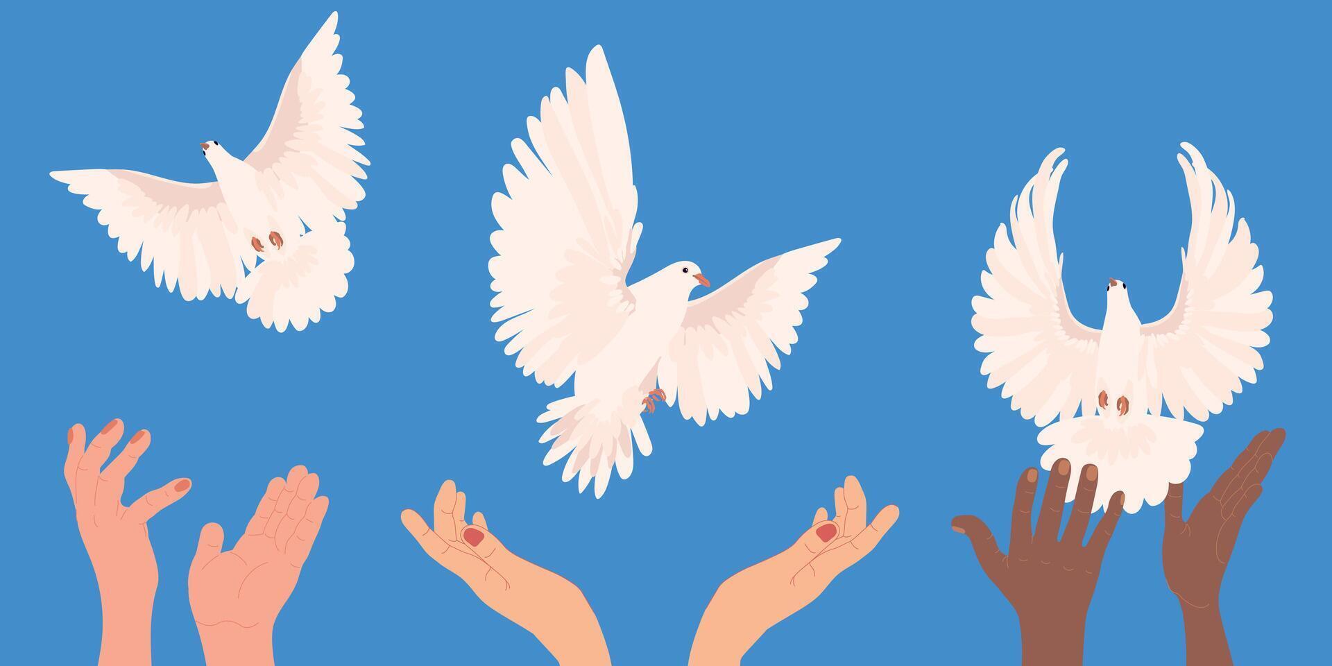 Hands with dove of peace in flat style. . A white bird flies out of the hands into the blue sky. The concept of hope, a sign of freedom and independence, a manifestation of the holy spirit. vector