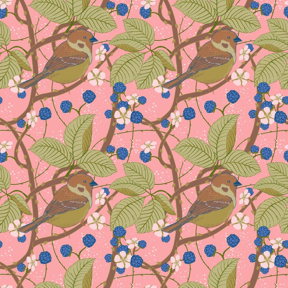 Seamless pattern in the Art Nouveau style for creating textiles, wallpaper. Birds are sitting on the intertwined branches of blackberries. Berries, leaves and flowers on a soft pink background. vector