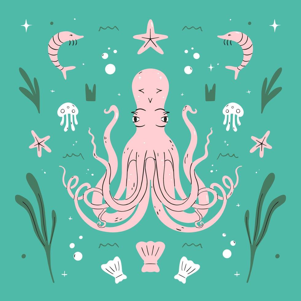 Octopus flat illustration with ocean creatures. Cute cartoon style sea creatures, animals and leaves. Symmetrical square composition, for print design or web. vector