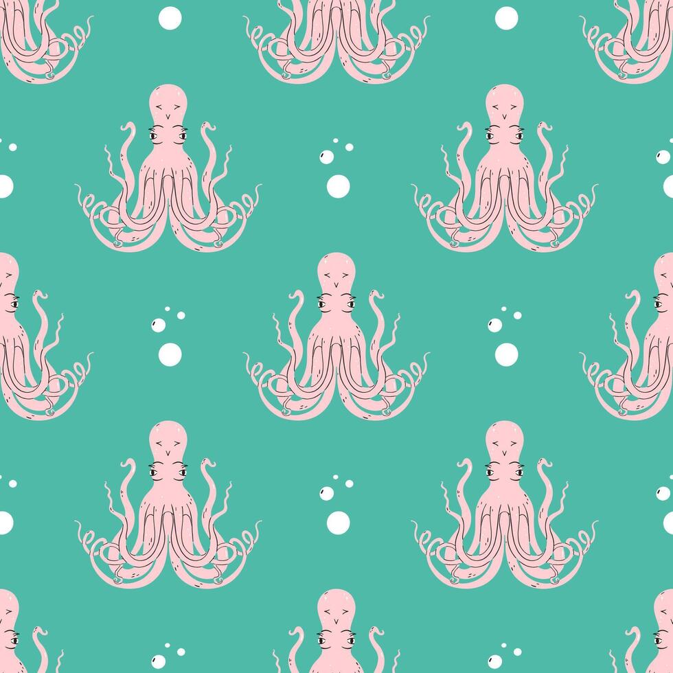 Octopus seamless pattern flat . Cute cartoon style sea and ocean creature, animal. Symmetrical square composition, for print design, wallpaper, wrapping paper or web. vector