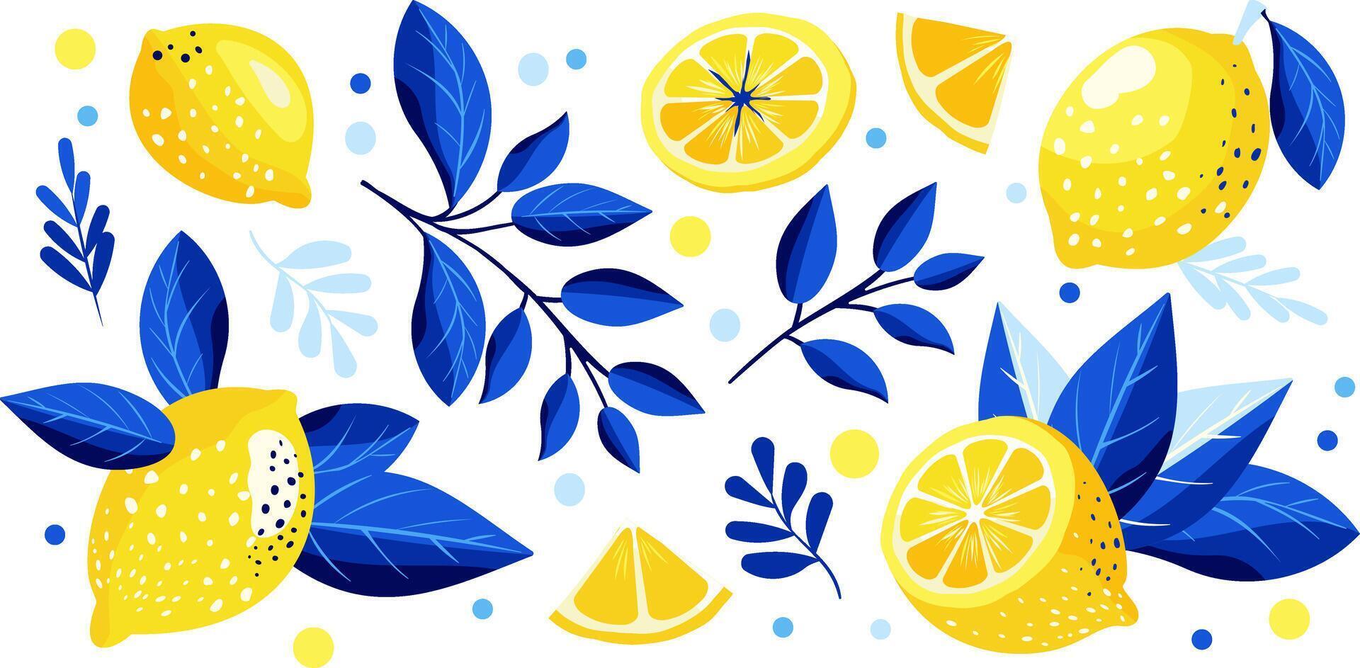 Cute border set of lemon pattern in yellow and blue tones