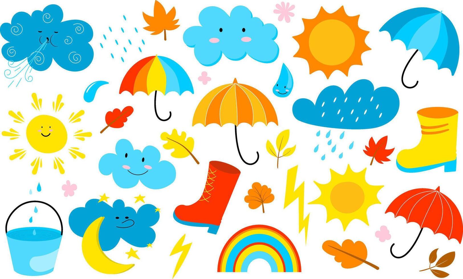Set of cool autumn elements in simple flat style with bright colors. Cool stickers with weather phenomena, leaves, rain, sun, clouds, umbrella, rubber boots, etc. Isolated illustration vector