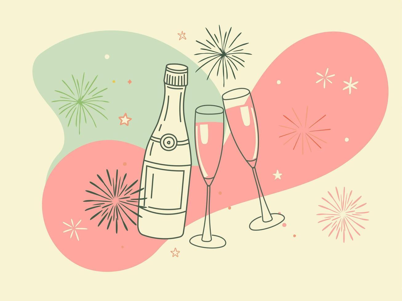 Two glasses of champagne clink against a background of fireworks and splashes of color. Festive illustration in retro minimalist style for New Year, birthday, ideal for a postcard vector