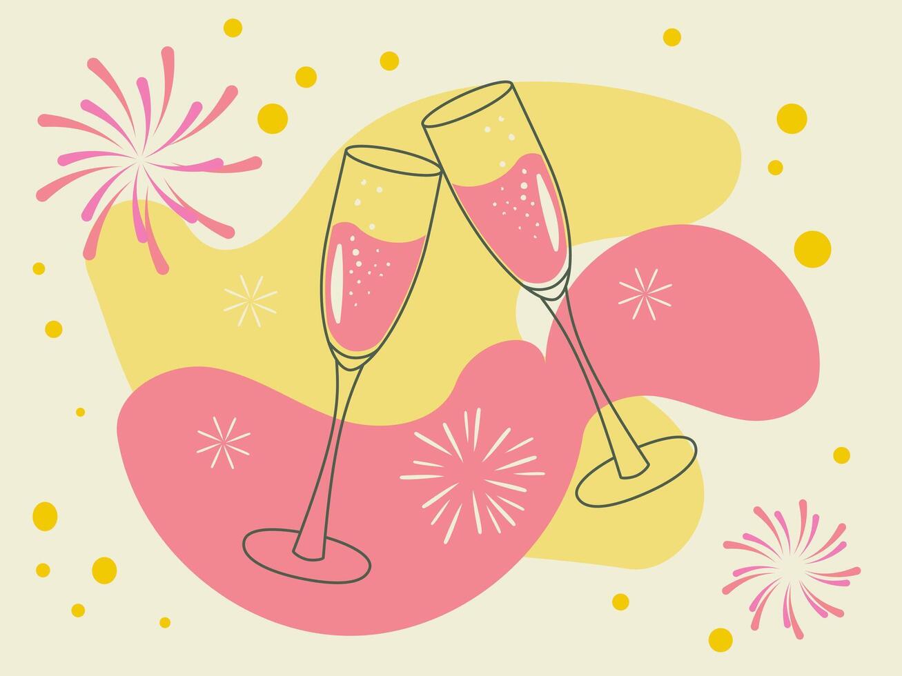 Two glasses of champagne clink against a background of fireworks and splashes of color. Festive illustration in retro minimalist style for New Year, birthday, ideal for a postcard vector