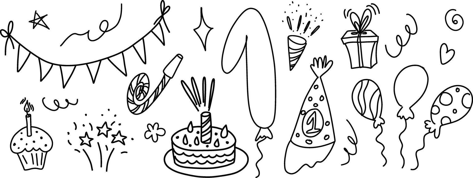 Birthday designs, naive texture, minimalism, perfect for holiday background. Hand drawn cake and balloons, holiday attributes, black and white line art. For a greeting card vector