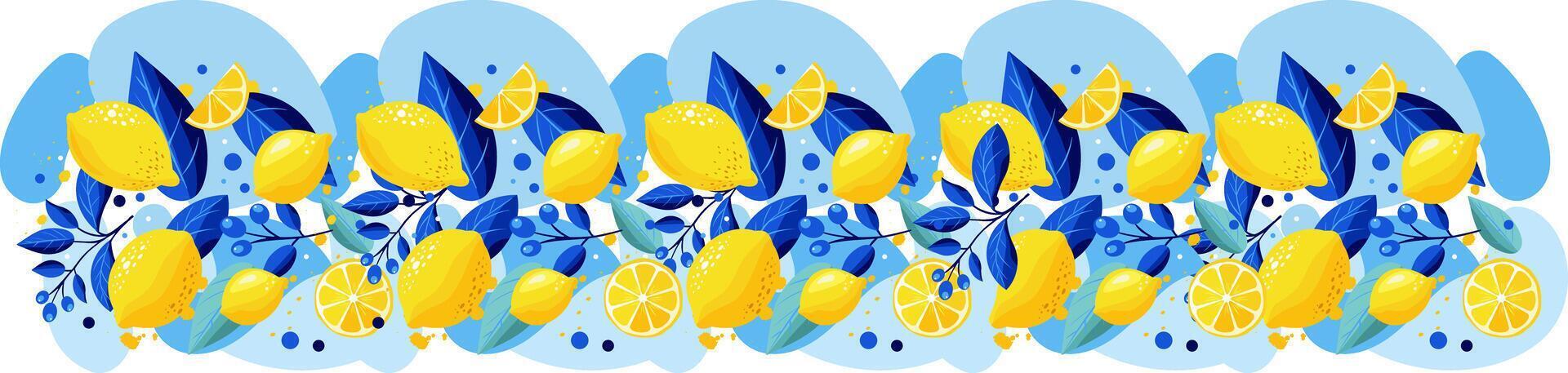 Cute border set of lemon pattern in yellow and blue tones. Tropical fruit slice, fresh green leaves, yellow lemons on a blue background. Spring, summer concept background. vector