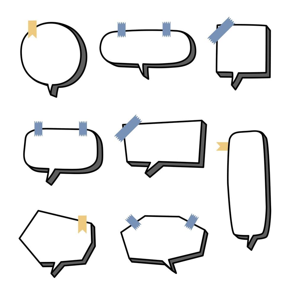 3d Black and white speech bubble balloon with tape and bookmark, icon sticker memo keyword planner text box banner vector