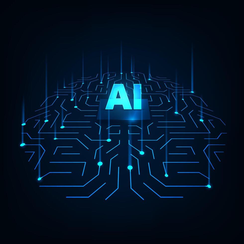 Digital AI chip integral into abstract technology brain on dark blue background. Circuit board tech. Artificial Intelligence concept. vector