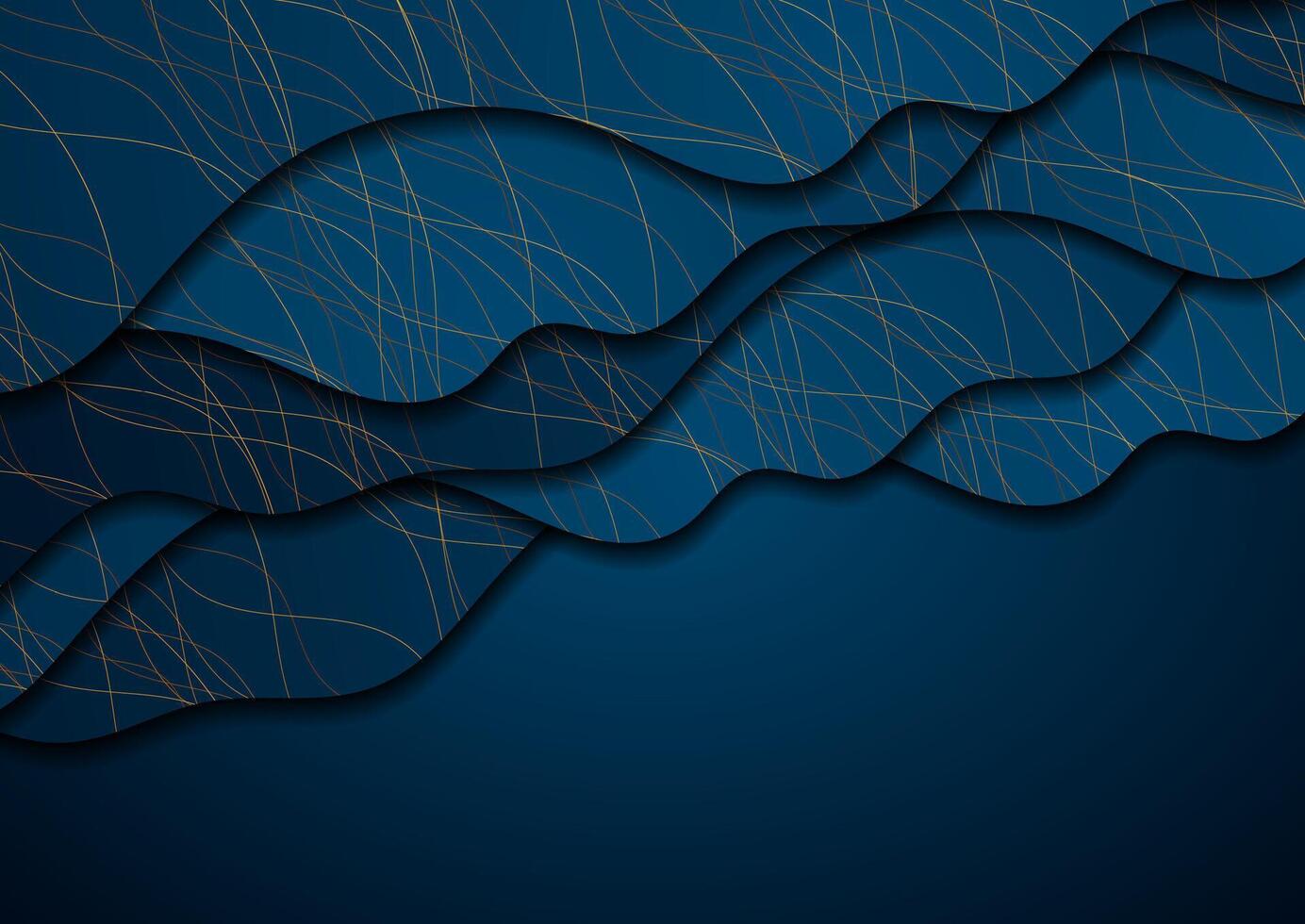 Blue waves and golden curved lines abstract background vector