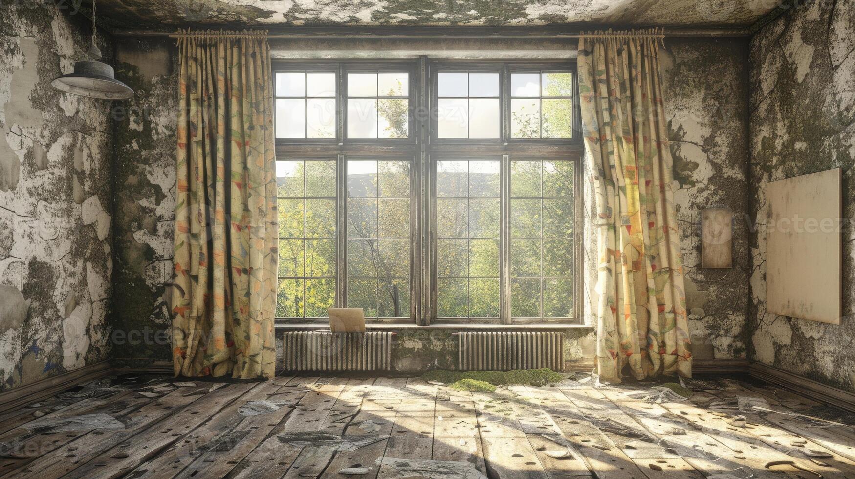 A sunlit room with peeling paint and a large window photo