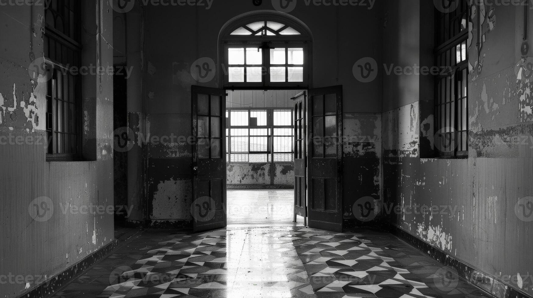 A black and white photo of an abandoned buildings hallway
