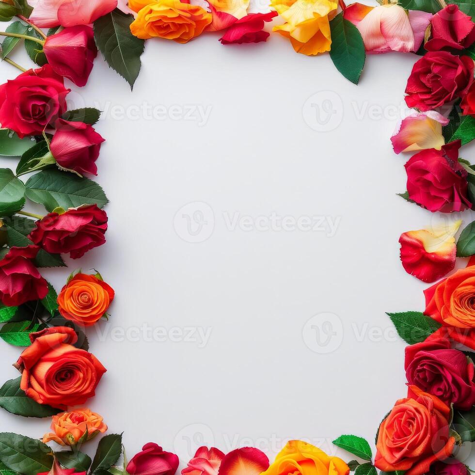 Colorful roses form a beautiful frame on a white background photo