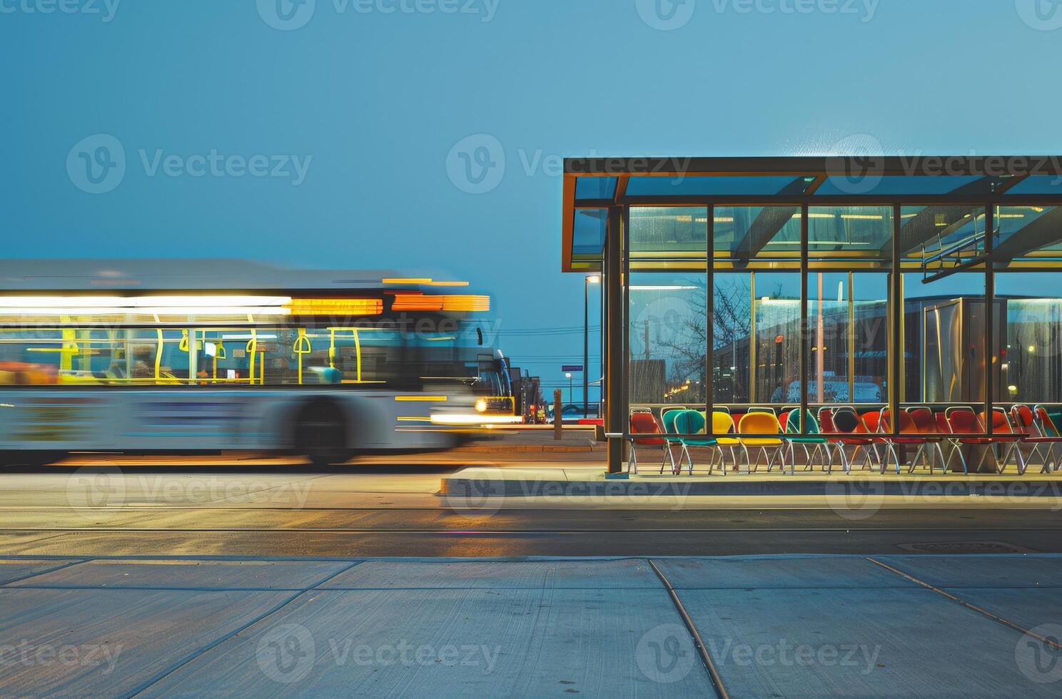 A bus speeds past a modern bus stop at dusk photo