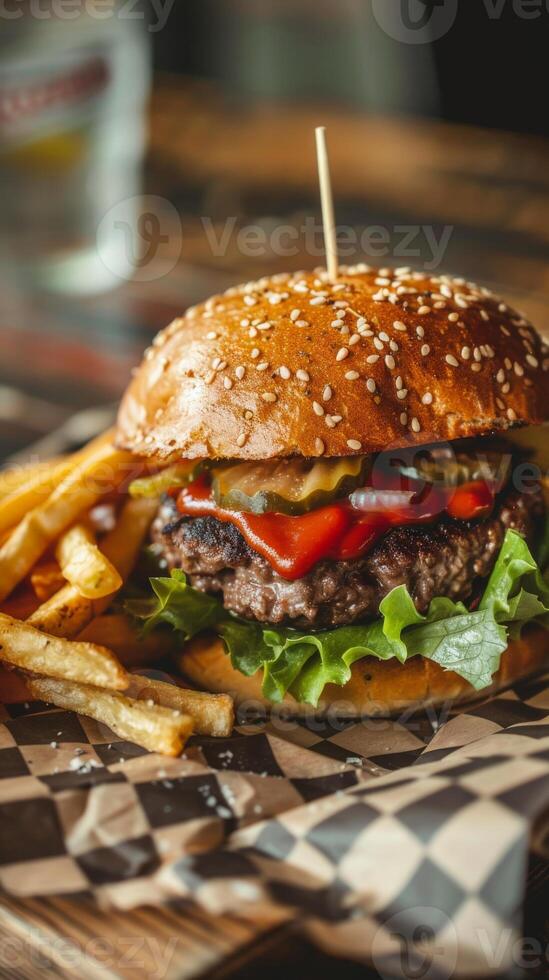 Close-up of a burger with fries photo